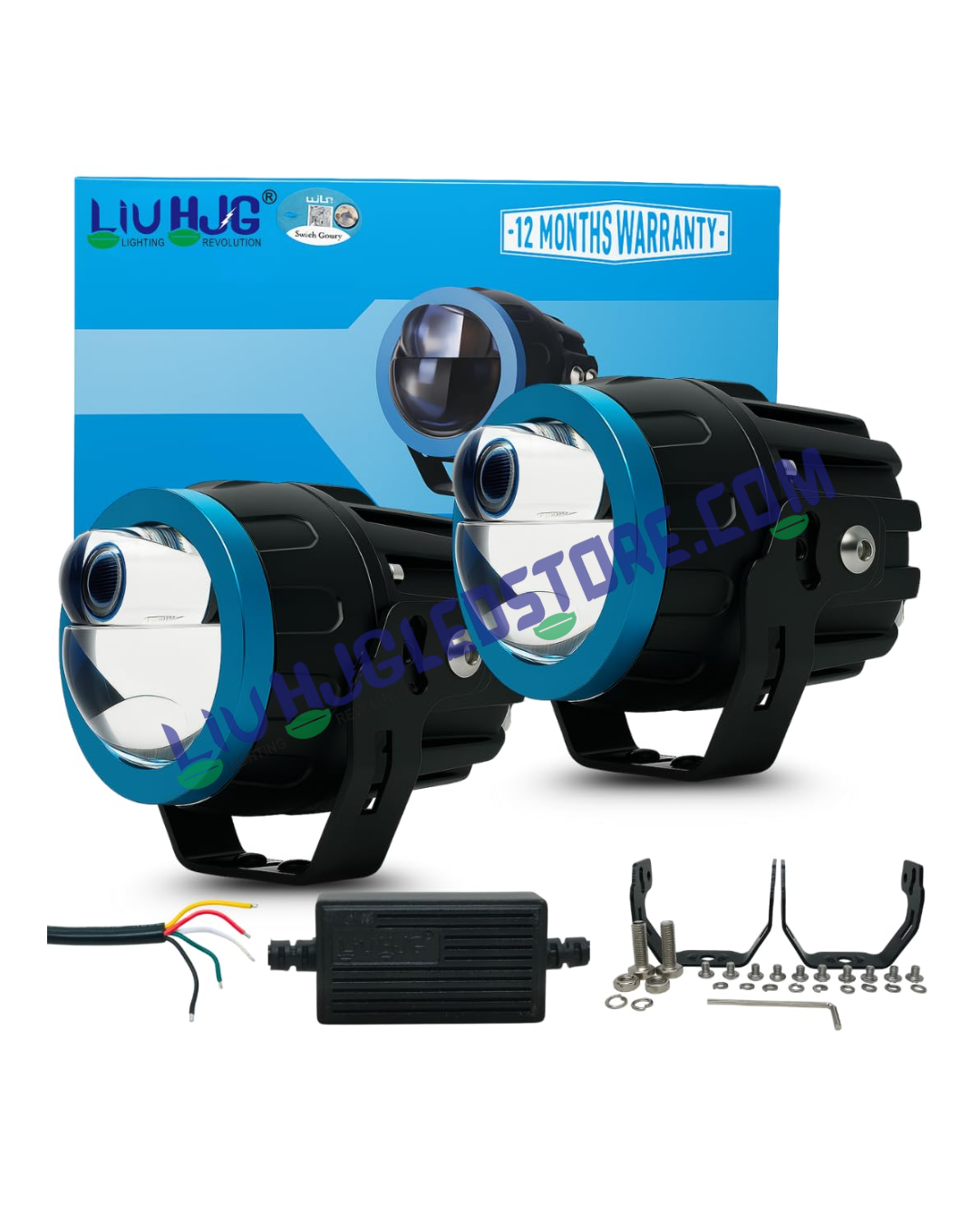 HJG Terminator 1 100W Projector Fog Light with Laser Spot & Wide Beam – Multi-Color (White, Yellow, Warm White) with Red DRL, Dual Intensity LED, Universal Fit for Cars & Bikes