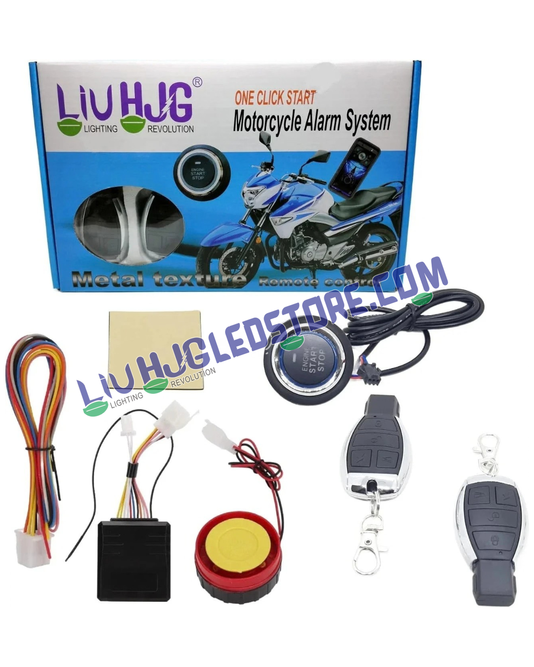 HJG Push Button Motorcycle Alarm System | Keyless Start/Stop, 125dB Siren, Flashing Light & Engine Immobiliser | 2 Wireless Remote Keys | Universal Bike & Scooter Anti-Theft Kit