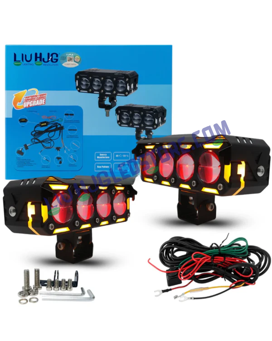 HJG 300W Future Eyes 4 Lens Projector LED Fog Light with Ring DRL & Wiring Harness – Multi-Color (Red/Amber/White/Yellow) Universal for Cars & Bikes