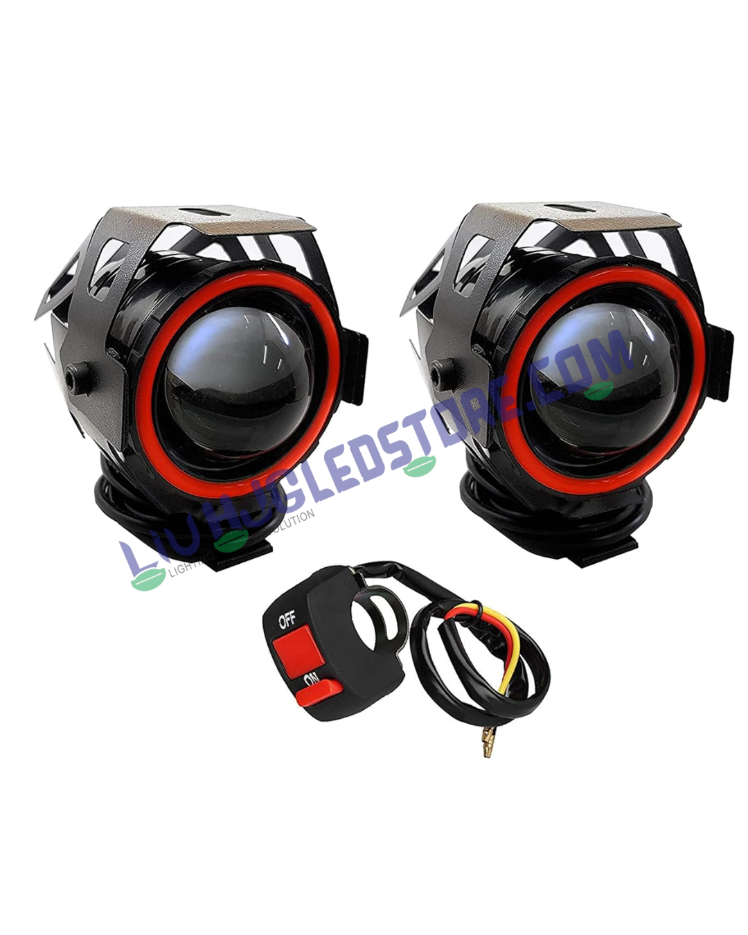 HJG Projector Angel Eyes LED Fog Lights with Red DRL Ring & Switch – Universal Fit for Bikes (Pack of 2)