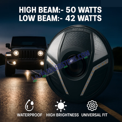 HJG Alien 7-Inch Projector LED Headlight 92W with Dual Color DRL (White/Yellow) | CREE/Osram Ultra Wide Beam for Royal Enfield, Jeep, Thar & Gypsy (C-286)
