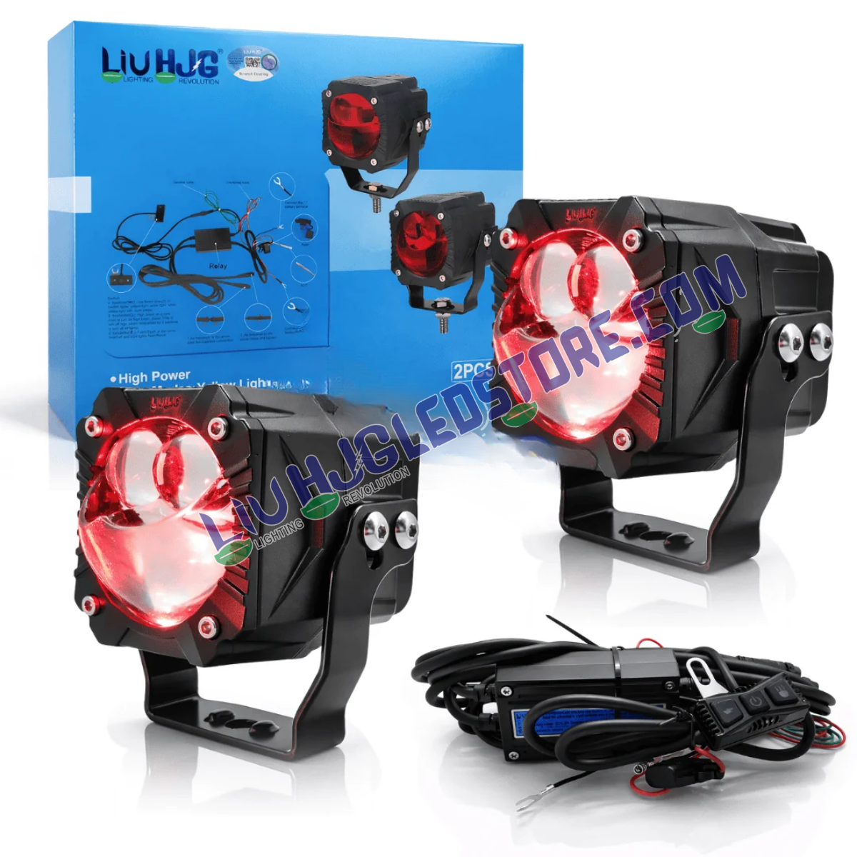 LIU HJG Gorilla 120W 3-Lens LED Fog Light Pair with Wiring Harness – White, Yellow & Red Devil Eye