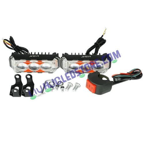 HJG 3 LED Projector Light Bar Fog Lights Set of 2 with White, Yellow Beam and Red-Blue Strobe Flash for Bikes and Cars