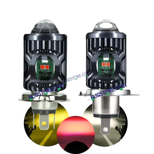 HJG H4 Red Devil Lens LED Headlight Bulb – Red DRL with White & Yellow Hi/Lo Beam, 50W Lens Model for Motorcycles (H4 Socket)