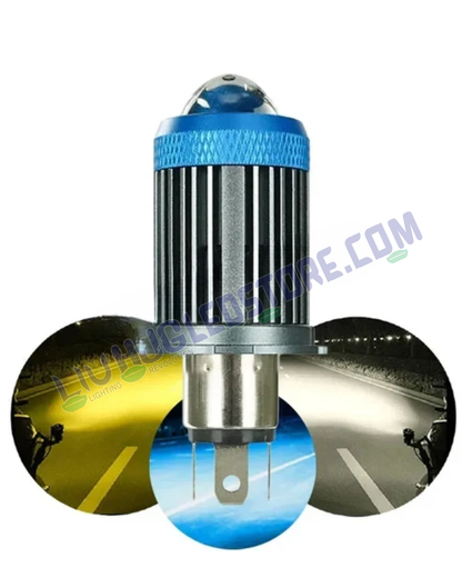 HJG H4 LED Devil Lens Headlight Bulb – Ice Blue DRL with White & Yellow Hi/Lo Beam (50W, 12V, Universal Fit for Motorcycles)